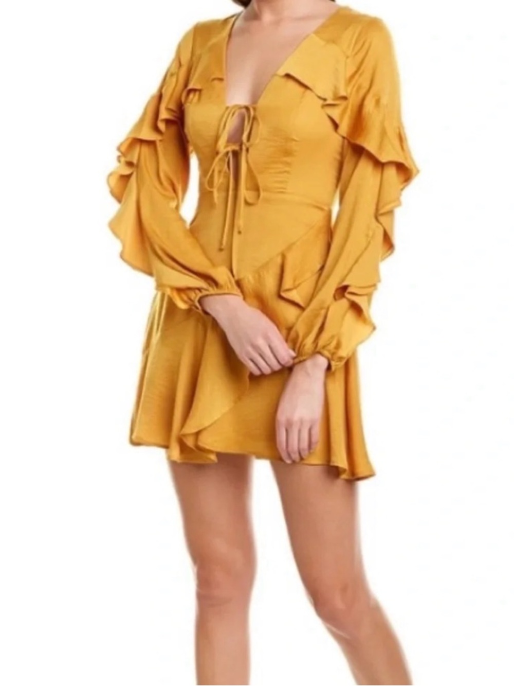 BCBGeneration Mustard Yellow Ruffle Tie-Front Mini Dress